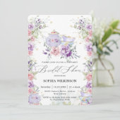 赤面ピンクパープルフローラブライダルシャワーティーパーティー 招待状 (スタンド正面)