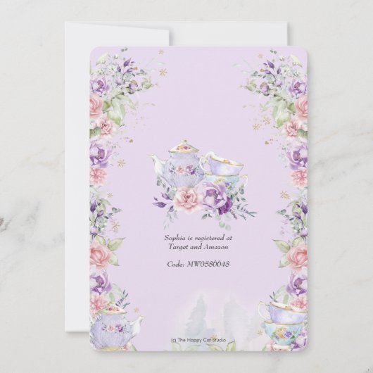 赤面ピンクパープルフローラブライダルシャワーティーパーティー 招待状 (裏面)