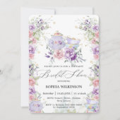赤面ピンクパープルフローラブライダルシャワーティーパーティー 招待状 (正面)
