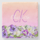 赤面ピンクパープルフローラ名スクリプト ストーンコースター (正面)