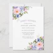 赤面ピンクパープルフローラ水彩スウィート16 招待状 (正面)