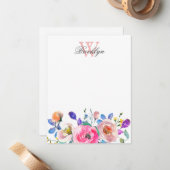 赤面ピンクパープルフローラ離れティール（緑がかった色）モノグラムの ノートカード (正面/裏面インサイチュ)