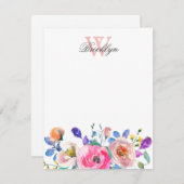 赤面ピンクパープルフローラ離れティール（緑がかった色）モノグラムの ノートカード (正面/裏面)