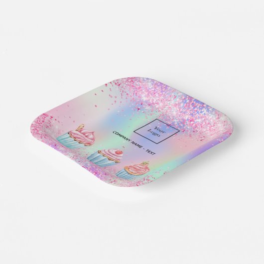 赤面ピンクパープルベーキングカップケーキのロゴ ペーパープレート (傾斜あり)
