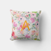 赤面ピンクパープル花模様水カラーモノグラム クッション (正面)