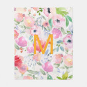 赤面ピンクパープル花模様水カラーモノグラム フリースブランケット (正面)