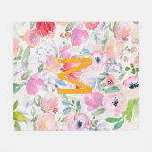 赤面ピンクパープル花模様水カラーモノグラム フリースブランケット (正面(横))