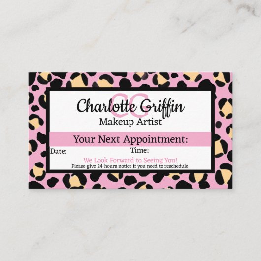 赤面ピンクヒョウ印刷ラッシュ&メイクアップアポイントメント 名刺 (正面)
