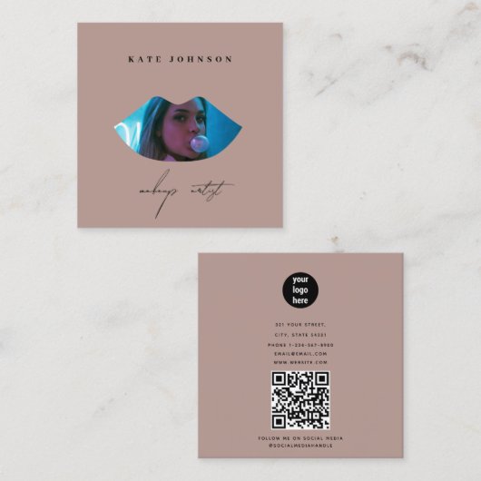 赤面ピンクビジネスロゴフォトメイクアップアーティストリップ スクエア名刺 (正面/裏面)