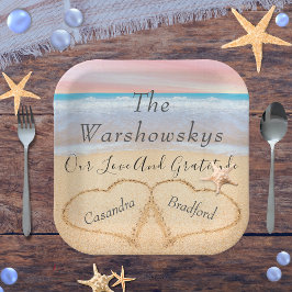 赤面ピンクビーチ結婚式2ハートサンド結婚ズ ペーパープレート