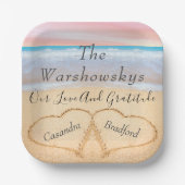 赤面ピンクビーチ結婚式2ハートサンド結婚ズ ペーパープレート (正面)