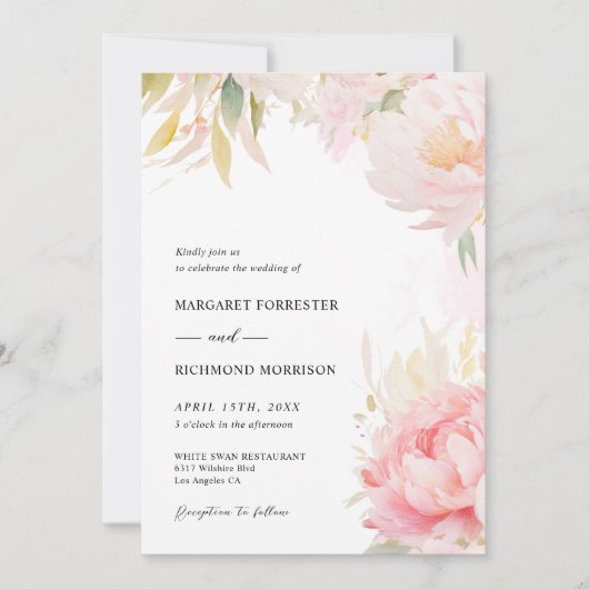 赤面ピンクピオニーセージグリーンフローラ春の結婚式 招待状 (正面)