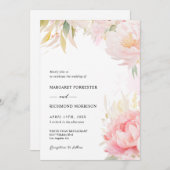 赤面ピンクピオニーセージグリーンフローラ春の結婚式 招待状 (正面/裏面)