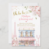 赤面ピンクピーオンオララフランスのカフェ誕生日 招待状 (正面)