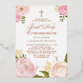 赤面ピンクピーオンファースト聖餐式バラ金ゴールド 箔招待状 (正面)