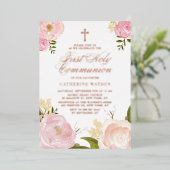 赤面ピンクピーオンファースト聖餐式バラ金ゴールド 箔招待状 (立ち正面)