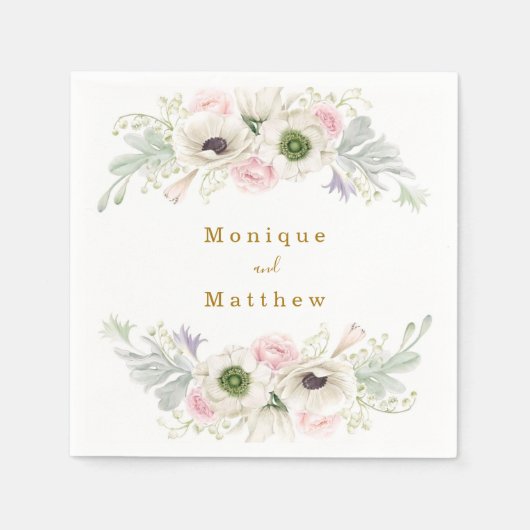 赤面ピンクピーオンホワイトアネモン結婚金ゴールド スタンダードカクテルナプキン (正面)