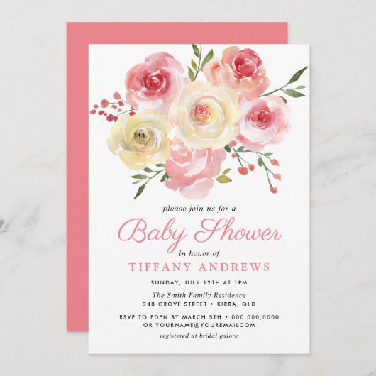 赤面ピンクピーチウォーター色フローラベビーシャワー 招待状 (正面/裏面)