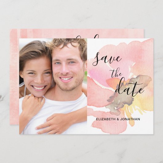 赤面ピンクピーチコーラルフローラ日付写真を保存 セーブザデート (正面/裏面)