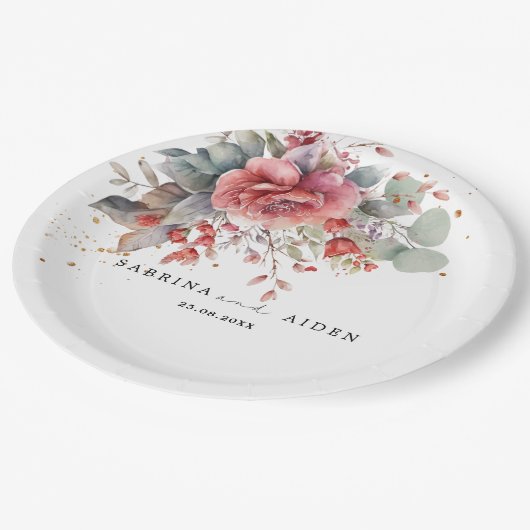 赤面ピンクピーチダスティブルー結婚ズ ペーパープレート (アングル)