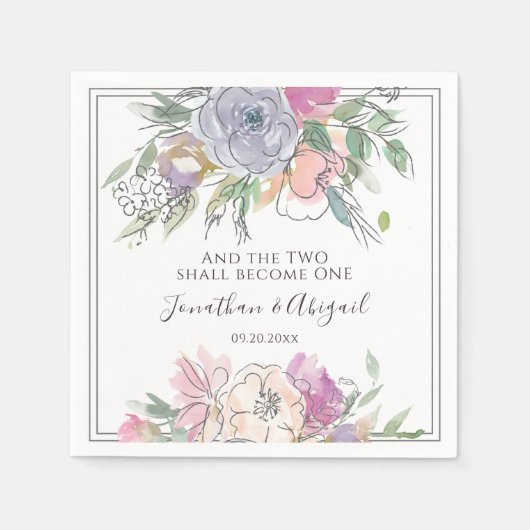 赤面ピンクピーチパープルフローラグレーフレーム結婚ズ スタンダードカクテルナプキン (正面)