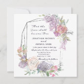 赤面ピンクピーチパープルフローラジオメトリック結婚ス 招待状 (正面)