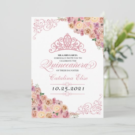 赤面ピンクピーチフローラキンセアニェラ誕生日 招待状 (スタンド正面)