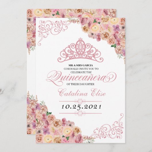 赤面ピンクピーチフローラキンセアニェラ誕生日 招待状 (正面/裏面)