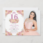 赤面ピンクピーチフローラスウィート16誕生日写真 招待状 (正面)