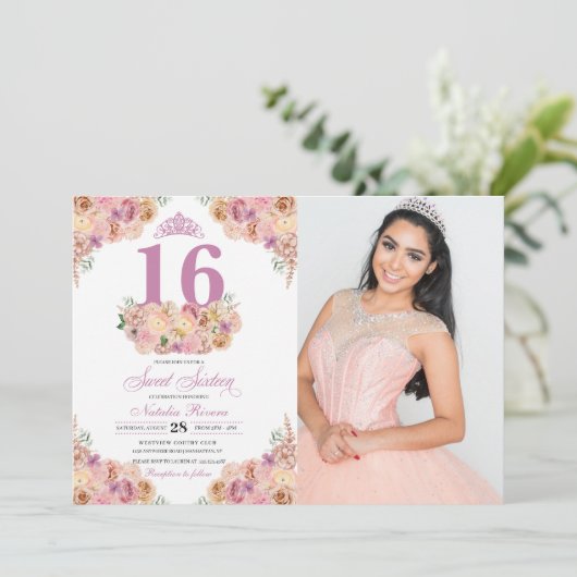 赤面ピンクピーチフローラスウィート16誕生日写真 招待状 (スタンド正面)