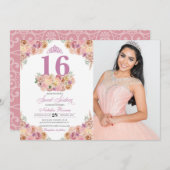 赤面ピンクピーチフローラスウィート16誕生日写真 招待状 (正面/裏面)