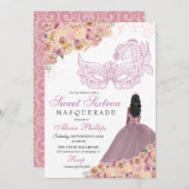 赤面ピンクピーチフローラマスカレード誕生日 招待状 (正面/裏面)
