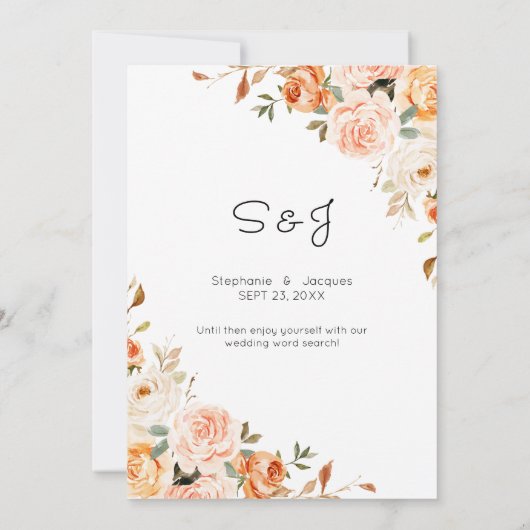 赤面ピンクピーチフローラ日付単語の検索を保存 招待状 (裏面)