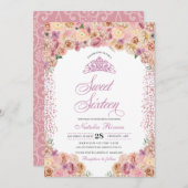 赤面ピンクピーチフローラSweet sixteen誕生日 招待状 (正面/裏面)