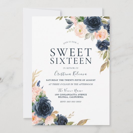 赤面ピンクピーチ&ネイビースウィート16バースデーパーティー 招待状 (正面)
