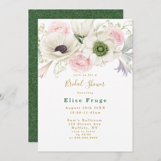 赤面ピンクピーニーアネモン金ゴールドブライダルシャワー 招待状 (正面/裏面)