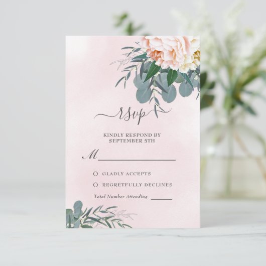 赤面ピンクピーニーウォーターカラーユーカリ結婚プス 出欠カード (スタンド正面)