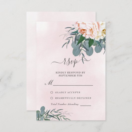 赤面ピンクピーニーウォーターカラーユーカリ結婚プス 出欠カード (正面/裏面)