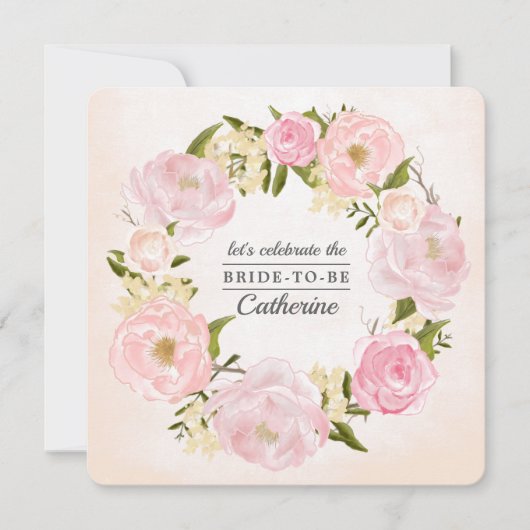 赤面ピンクピーニーズウォーターカラーブライダルシャワー 招待状 (正面)