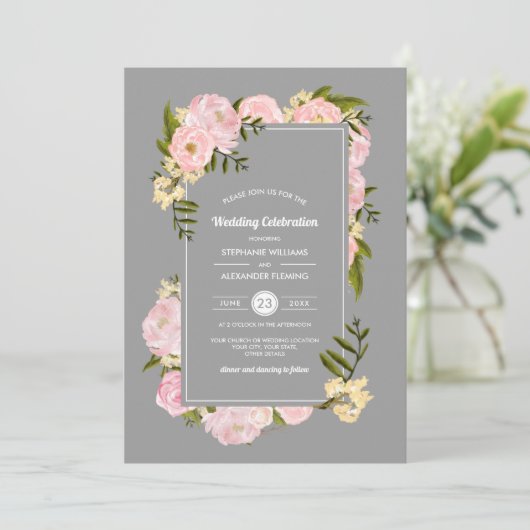 赤面ピンクピーニーズグレーウォーター結婚カラー 招待状 (スタンド正面)