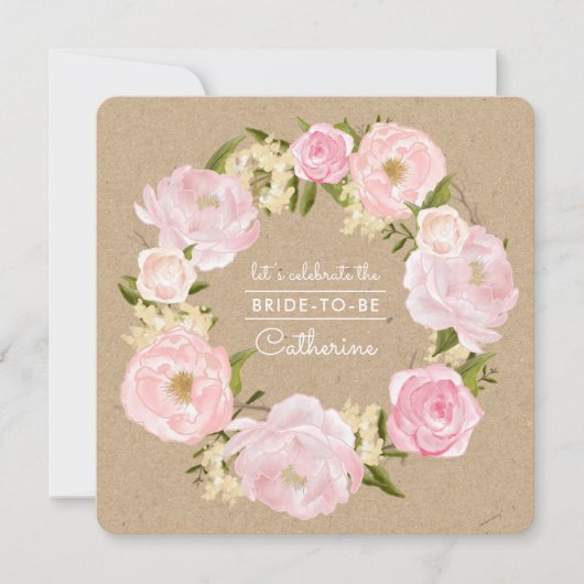 赤面ピンクピーニーリースクラフト紙ブライダルシャワー 招待状 (正面)