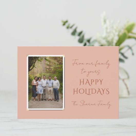 赤面ピンクファミリーフォトクリスマス シーズンカード (スタンド正面)