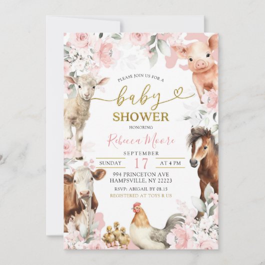 赤面ピンクファーム動物の赤ちゃんシャワー 招待状 (正面)