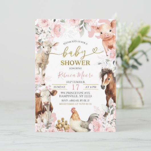 赤面ピンクファーム動物の赤ちゃんシャワー 招待状 (スタンド正面)