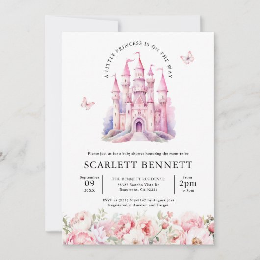 赤面ピンクフェアユータリーキャッスルフローラベビーシャワー 招待状 (正面)