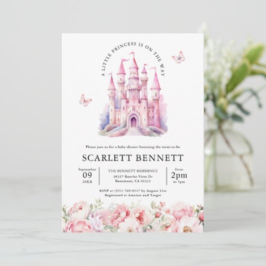 赤面ピンクフェアユータリーキャッスルフローラベビーシャワー 招待状 (スタンド正面)