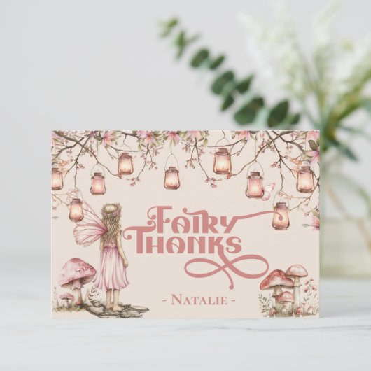 赤面ピンクフェアリーファースト誕生日パーティーテーマカスタム サンキューカード (スタンド正面)