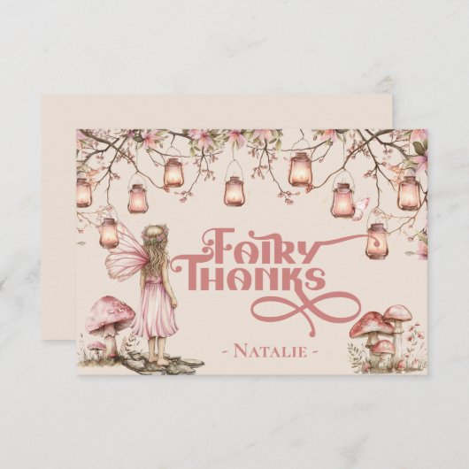 赤面ピンクフェアリーファースト誕生日パーティーテーマカスタム サンキューカード (正面/裏面)