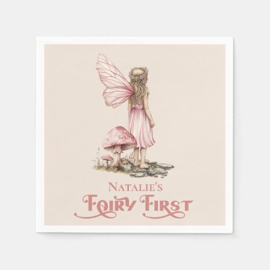 赤面ピンクフェアリー最初の誕生日パーティーパーソナライズされた スタンダードカクテルナプキン (正面)