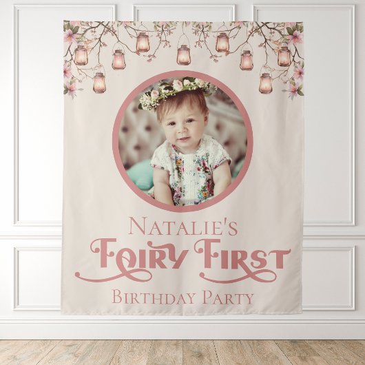赤面ピンクフェアリー最初の誕生日パーティーパーソナライズされた タペストリー